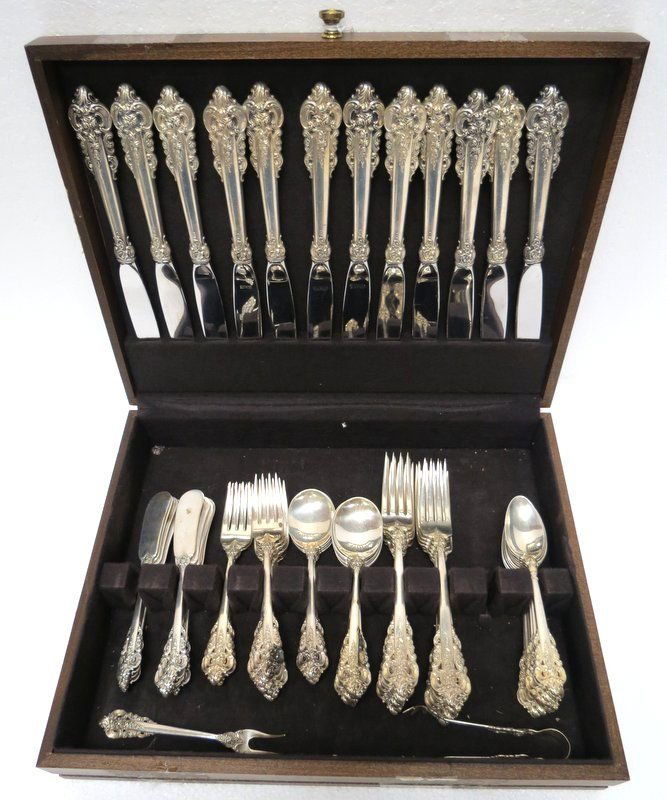 73 Pc. Wallace Grand Baroque Sterling Silver Flatware: 73 Pc. Wallace Grand Baroque Sterling Silver Flatware Set, 12 soup spoons - 6", 12 tea spoons - 6", 12 butter spreaders - 6 1/8", 12 dinner forks - 8", 11 salad forks - 6 1/2", 1 pickle fork - 5 1/4",