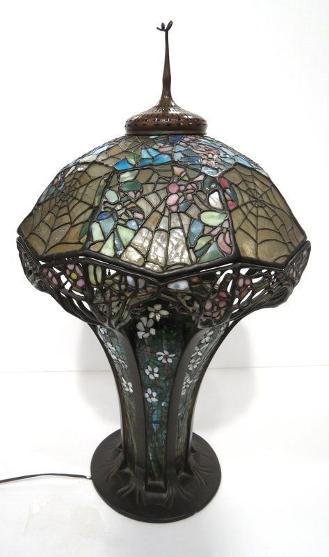 Tiffany Studios Style Spider Web Art Glass Bronze Lamp: Tiffany Studios Style Spider Web Art Glass Bronze Lamp. Measures - 34 1/2" high x 20 1/2" diameter.