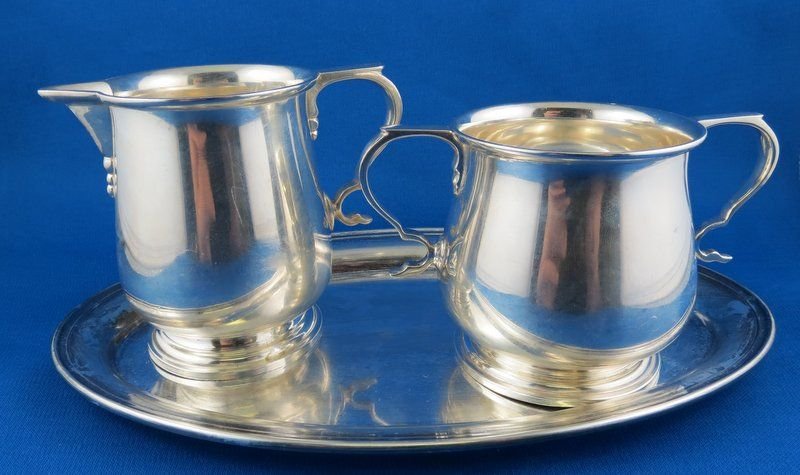 Gorham 3 Pc. Sterling Silver Set: Gorham 3 Pc. Sterling Silver Set, 1 tray - 6" long, 1 creamer - 3 1/2" high, 1 sugar - 2 3/4" high. Weighs - 13.70 ozt.