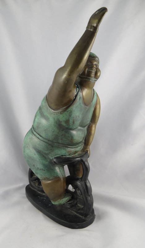 Botero Style Polychrome Bronze by Bruno Luna: Botero Style Polychrome Bronze by Bruno Luna, Depicting Fat Boy on Bike. Measures - 11 3/8" high x 6 5/8" long x 5" wide.