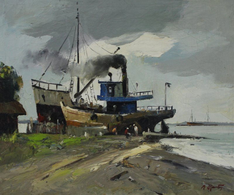 Marcel Martin (French) 20th C. Oil Painting: Marcel Martin (French) 20th C. Oil Painting. Depicting offshore scene with shrimp boat. Measures - 25 1/4" high x 30" wide + 3 1/2" frame.