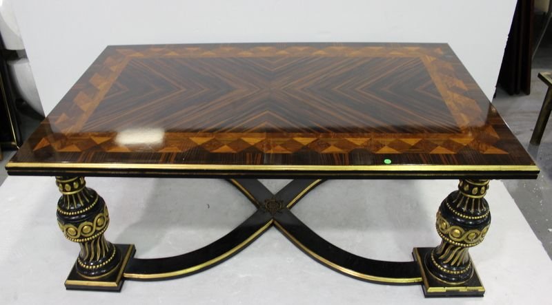 Inlaid Wood Parquetry Coffee Table: Inlaid Wood Parquetry Coffee Table. Measures - 23 1/2" high x 62" long x 37 1/2" deep.