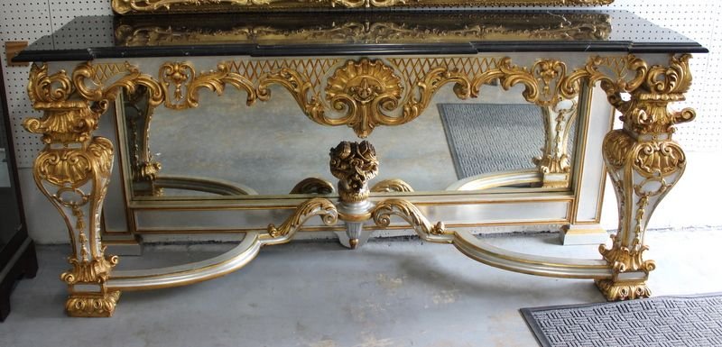 European Style Marble Top Mirrored Console Table: European Style Marble Top Mirrored Console Table. Measures - 36" high x 82" long x 22 1/2" deep.