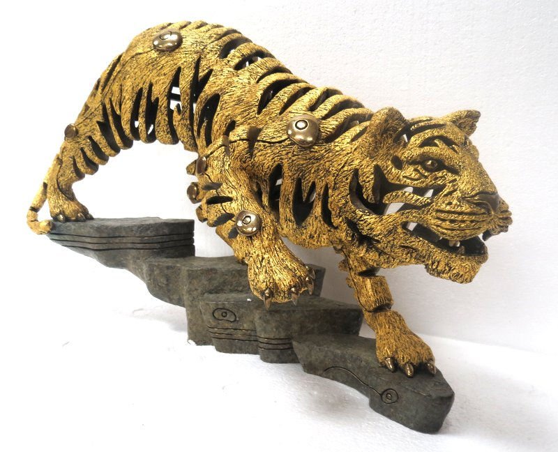 Rare Jiang Tie Feng Bronze Golden Tiger Sculpture