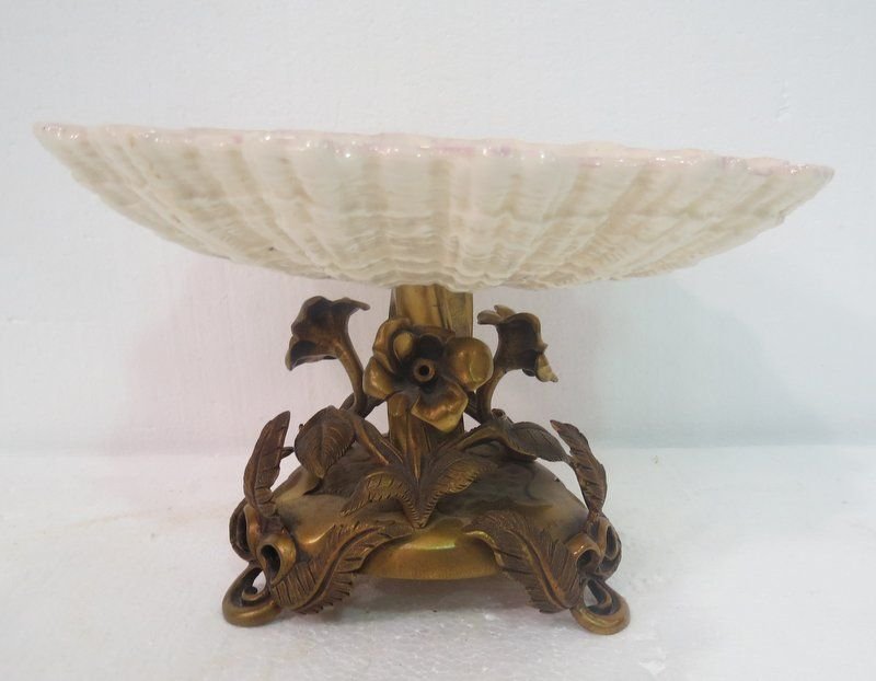 European Porcelain & Gilt Bronze Centerpiece: European Porcelain & Gilt Bronze Centerpiece. Measures - 6 3/4" high x 10 1/4" diameter.