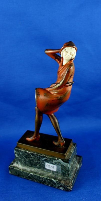 Peleschka-lunard, Franz Red Lady Sculpture: Peleschka-lunard, Franz Red Lady Sculpture, small bronze & ivory sculpture by Peleschka depicting a female wearing a red dress. Made in France, Measures - 8" high, circa 1930.