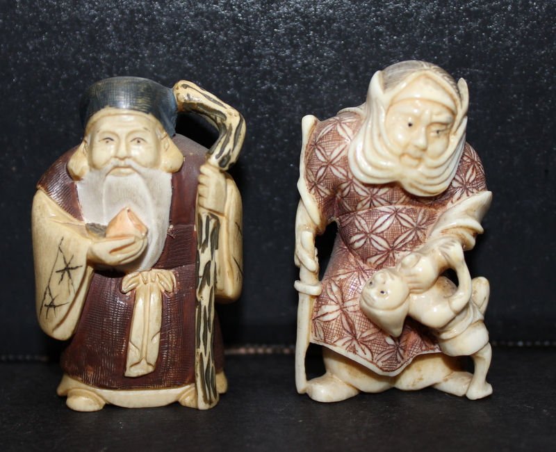 2 Chinese Polychrome Ivory Carved Netsukes: 2 Chinese Polychrome Ivory Carved Netsukes. Measures - 2 1/4" high.