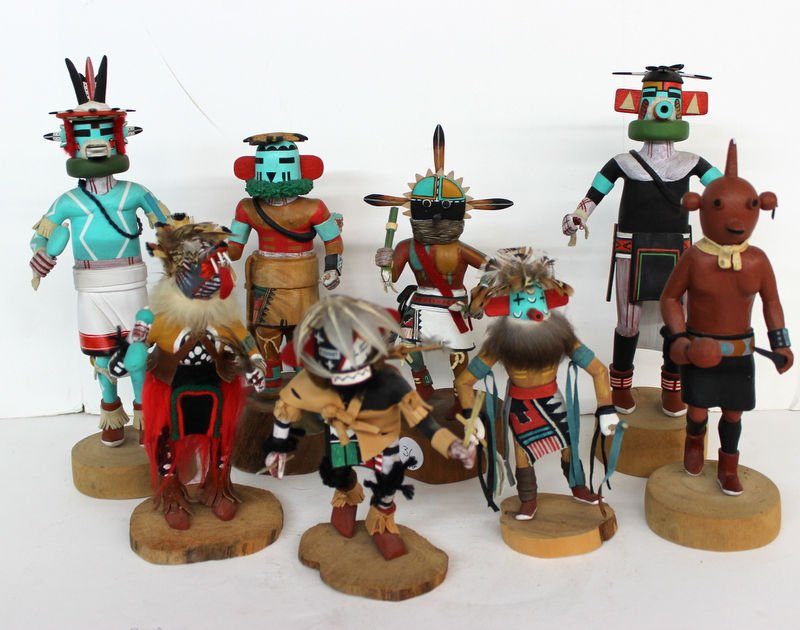 Set of 8 Vintage Native American Kachina Dolls: Set of 8 Vintage Native American Kachina Dolls. Measures - 7 1/2" high - 13" high.