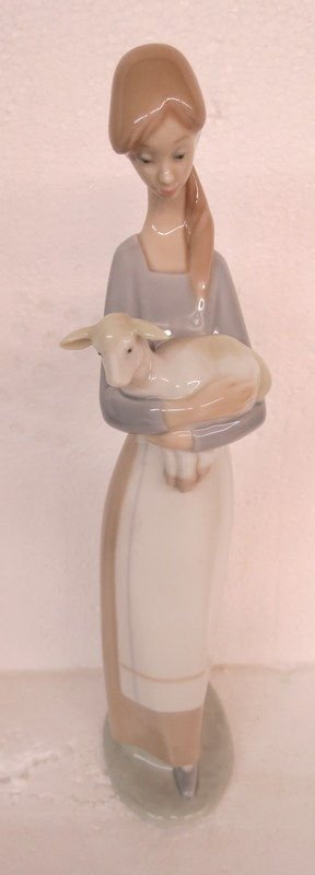 Lladro Porcelain Girl w/ Lamb: Lladro Porcelain Girl w/ Lamb. Measures - 10 1/4". Made in Spain. #4505.