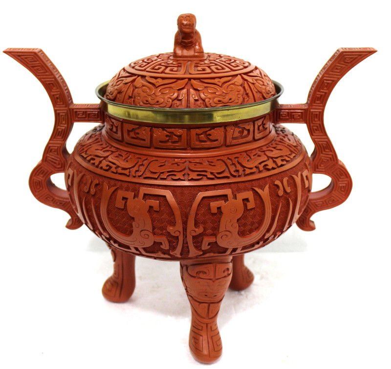 Chinese Cinnabar Style Incense Burner: Chinese Cinnabar Style Incense Burner. Measures - 12" high x 13" wide.