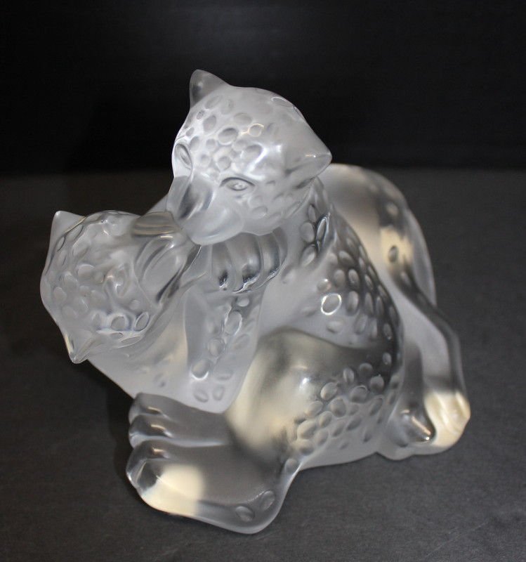 Lalique France Madras Jaguar Cubs Crystal Group: Lalique France Madras Jaguar Cubs Crystal Group with original box. Measures - 3 1/4" high x 4 3/4" wide.
