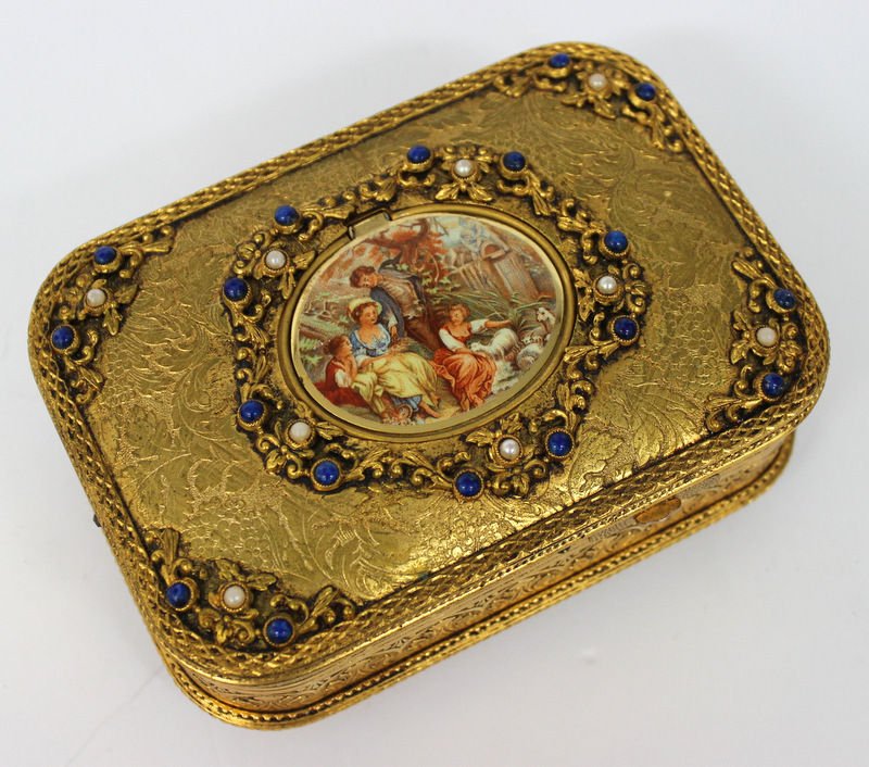 Unique European Lapis & Pearl Singing Bird Music Box: Unique European Lapis & Pearl Singing Bird Music Box. Measures - 1 7/8" high x 4 7/8" long x 3 1/2" deep.