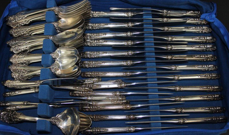 97 Pc. Wallace Grand Baroque Sterling Silver Flatware: 97 Pc. Wallace Grand Baroque Sterling Silver Flatware Set. 22 tea spoons - 6 1/4" long, 12 salad forks - 6 3/4" long, 12 dinner spoons - 7" long, 11 dinner forks - 8" long, 12 dinner knives - 10" long