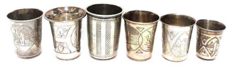 Collection of Six Russian Silver Beakers: Collection of Six Russian Silver Beakers. Ranging in height from 2 1/8" - 3". Weighs - 9.6 ozt.