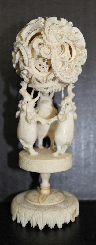 19th C. Chinese/Japanese Carved Ivory Elephant Puzzle: 19th C. Chinese/Japanese Carved Ivory Elephant Puzzle Ball. Measures - 6" high.