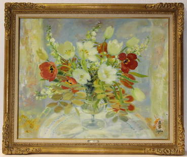 Le Pho (French/Vietnamese 1907-2001) Floral Still Life: Le Pho (French/Vietnamese 1907-2001) Floral Still Life on canvas, signed lower right, originally purchased by Wally Findlay Galleries. Measures - 35" high x 42" wide, 2 1/2" frame.