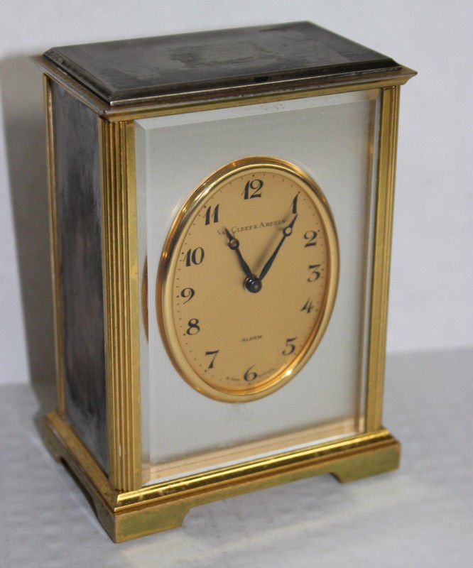 Van Cleef & Arpels Swiss Desk Clock: Van Cleef & Arpels Swiss Desk Clock. Measures - 5" high x 3 1/2" wide.