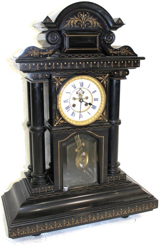 Large European Marble Mantel Clock: Large European Marble Mantel Clock. Clockface with Roman Numerals. Measures - 26" high x 18 1/2" wide x 7 3/4" deep.