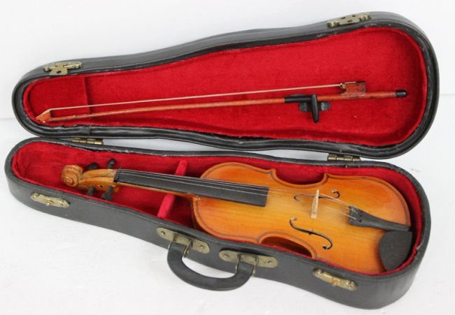 Miniature Wooden Violin w/ Fitted Case: Miniature Wooden Violin w/ Fitted Case. Measures - 9" long x 3" wide.