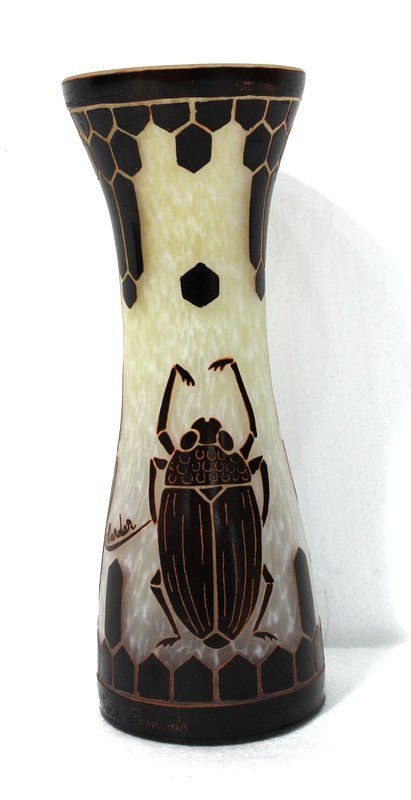 After Charder Le Verre Francais Art Deco Vase: After Charder Le Verre Francais Art Deco Vase featuring cameo cut burgundy scarabs on a mottled white background. Signed Charder and Le Verre Francais on base. Measures - 13" high.