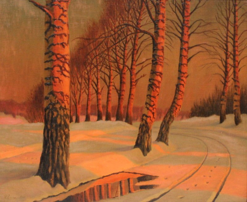 Victor Emanuelov (1884-1940) Russian Winter Sunset: Victor Emanuelov (1884-1940) Russian Winter Sunset Oil on Canvas. Measures - 17 3/4" high x 21" wide, frame - 3 3/4".