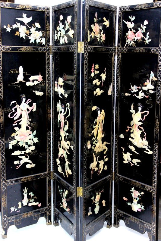 Chinese Lacquered 4 Panel Screen: Chinese Lacquered 4 Panel Screen. Each panel Measures - 72" high x 7 3/4" wide.