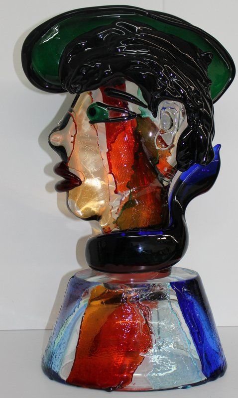 Large Murano Glass Bust Sculpture of Woman: Large Murano Glass Bust Sculpture of Woman. Depicting a lady with make up, hat and scarf. Measures - 23" high x 15 1/2" wide x 6 1/2" deep.