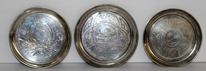 3 Pc. Russian 84 Silver Coasters: 3 Pc. Russian 84 Silver Coasters. Measures - 4" diameter. Weighs approx. - 3.74 troy oz.