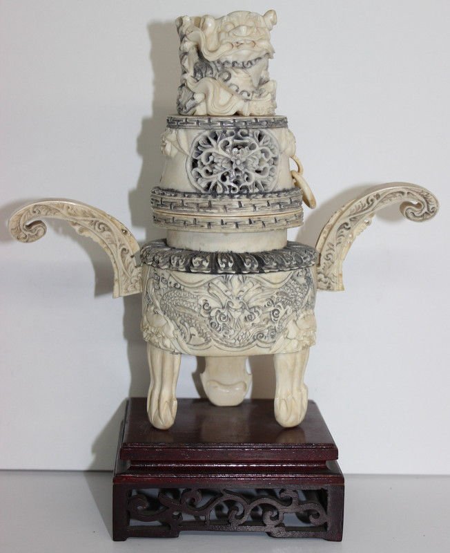 19th C. Chinese Carved Ivory Censor: 19th C. Chinese Carved Ivory Censor. Measures - 8 1/2" high x 7" wide. Artist Signed, Is missing the ring on the left side of lid (view all photos)