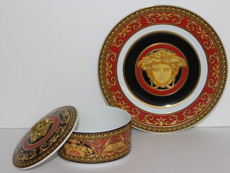 2 Pc. Rosenthal Versace 'Medusa' Porcelain Cover Box &: 2 Pc. Rosenthal Versace 'Medusa' Porcelain Cover Box & Plate. Box - 3" high x 4 3/8" diameter, plate - 7 1/4" diameter.
