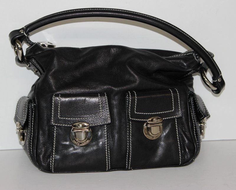 Marc Jacobs Black Leather Baguette: Marc Jacobs Black Leather Baguette with silver hardware and white stitching. Measures - 8" x 10".