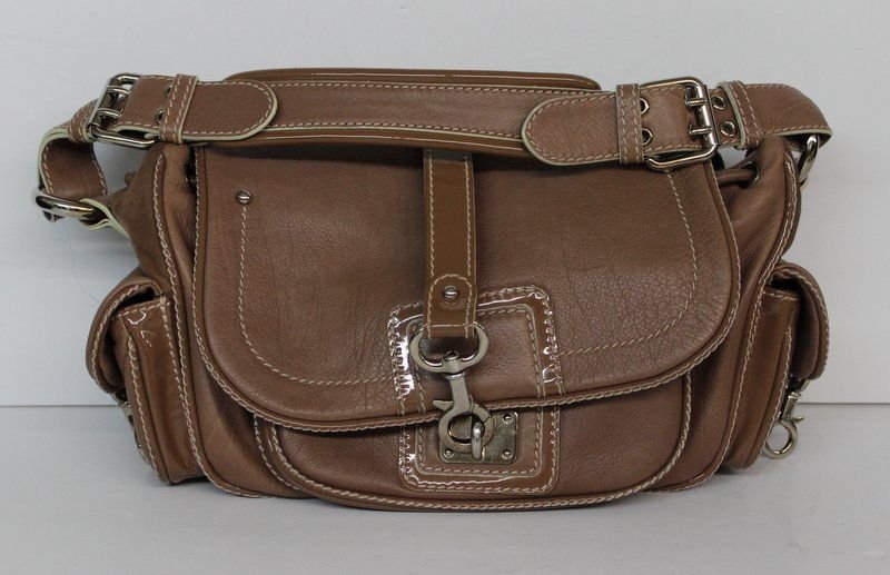 Marc Jacobs Taupe Leather Baguette: Marc Jacobs Taupe Leather Baguette with taupe patent leather accents. Measures - 12" x 8".