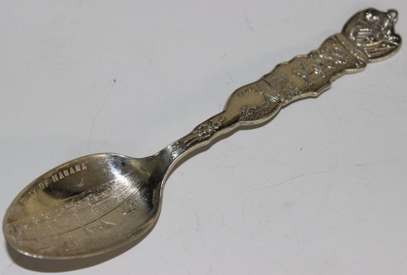 Sterling Silver English Souvenir Spoon: Sterling Silver English Souvenir Spoon featuring Cuba, Volania, Maine, City of Habana, From the Harbour. Weighs - 0.77 ozt. Measures - 5 3/8" long.