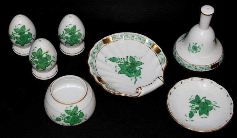 7 Pc. Herend 'Green Chinese Bouquet' Misc. Items: 7 Pc. Herend 'Green Chinese Bouquet' Misc. Items. 1 bell - 3" high, 3 salt shakers - 2 1/4" high, 1 shell dish - 2 1/2" diameter, 1 small dish - 3 1/4" diameter, 1 salt cellar - 4 3/8" wide.