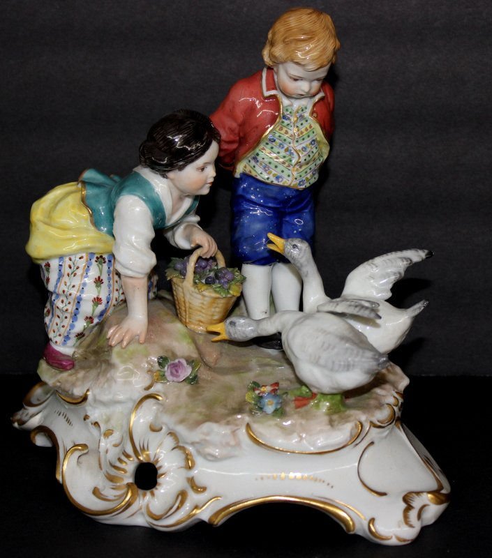 Early Capodimonte Figural Group: Early Capodimonte Figural Group. Depicting young boy and girl with 2 ducks. Measures - 8 1/2" high x 9" long x 5 1/2" deep.