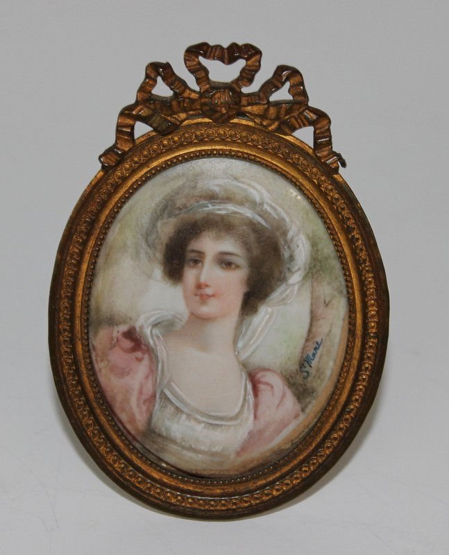St. Mare Hand Painted Ivory Portrait of a Woman: St. Mare Hand Painted Ivory Portrait of a Woman. Measures - 1 3/4" x 2 1/4" not including frame.