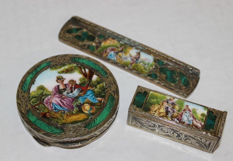 Vintage 800 Silver & Enamel Cosmetic Set: Vintage 800 Silver & Enamel Cosmetic Set featuring a compact, lipstick holder and comb with a emerald green background. Measures vary - 2 1/2" - 4 3/4" long.