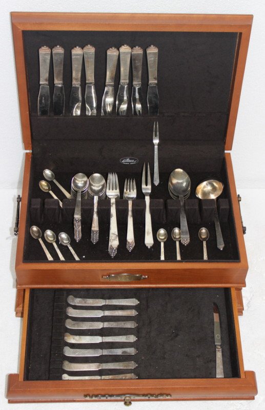67 Pc. Georg Jensen 'Pyramid' Sterling Silver Flatware: 67 Pc. Georg Jensen 'Pyramid' Sterling Silver Flatware Set. B. 1927, 8 Dinner Forks - 7 1/4" long, 7 Dinner Spoons - 6 5/8" long, 7 Salad Forks - 6 1/2" long, 15 Tea Spoons - 5 3/4" long, 7 Butter Spr