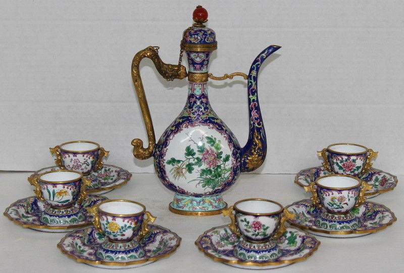 13 Pc. Chinese Canton Enamel & Carnelian Tea Set: 13 Pc. Chinese Canton Enamel & Carnelian Tea Set. Tea pot - 10 1/4" high x 7" wide, tea cup - 1" high x 1 1/2" wide, plate - 5" diameter.