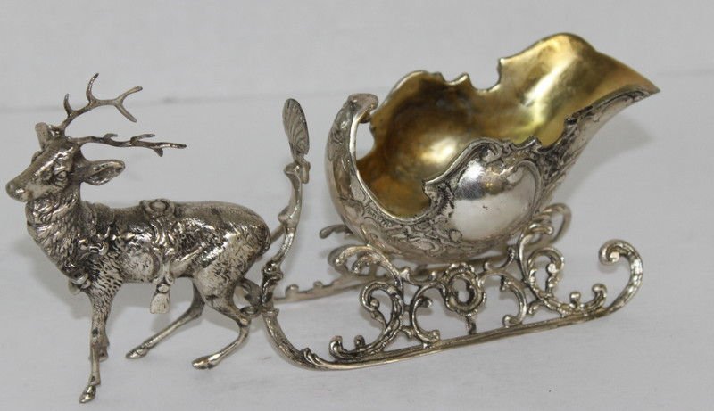 European 800 Silver Reindeer & Sled: European 800 Silver Reindeer & Sled. Shed - 3 1/4" high x 4 1/4" long, reindeer - 4" high x 3 1/4" wide. Weighs - 11 troy oz.