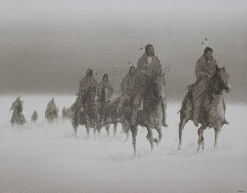John Pace Native American Winter Oil Painting: John Pace Native American Winter Oil Painting. Measures - 22 1/2" high x 28 1/2" wide.