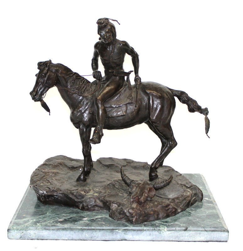 Inspired by Frederic Remington 1905 Indian Equestrian: Inspired by Frederic Remington 1905 Indian Equestrian Bronze. Mounted on marble base. Bronze - 18 1/2" wide x 19" high. Total measures - 22" high x 21" wide.