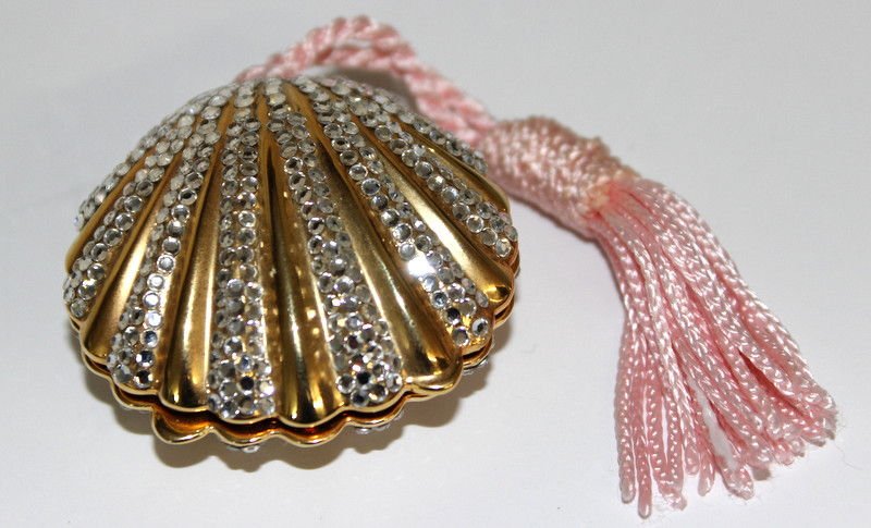 Judith Leiber Oyster Shell Pill Box: Judith Leiber Oyster Shell Pill Box. Measures - 2" long.