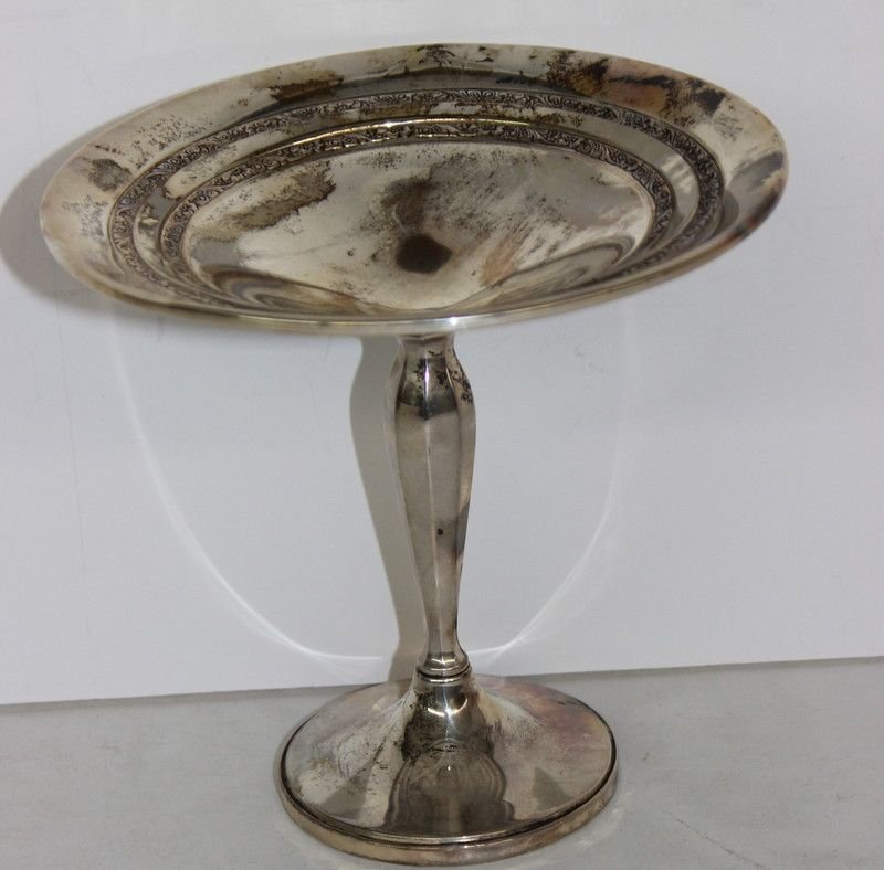 Sterling Silver Weighted Compote: Sterling Silver Weighted Compote. Measures - 6" high x 6 1/3" diameter. Weighs- 7 troy oz (weighted).