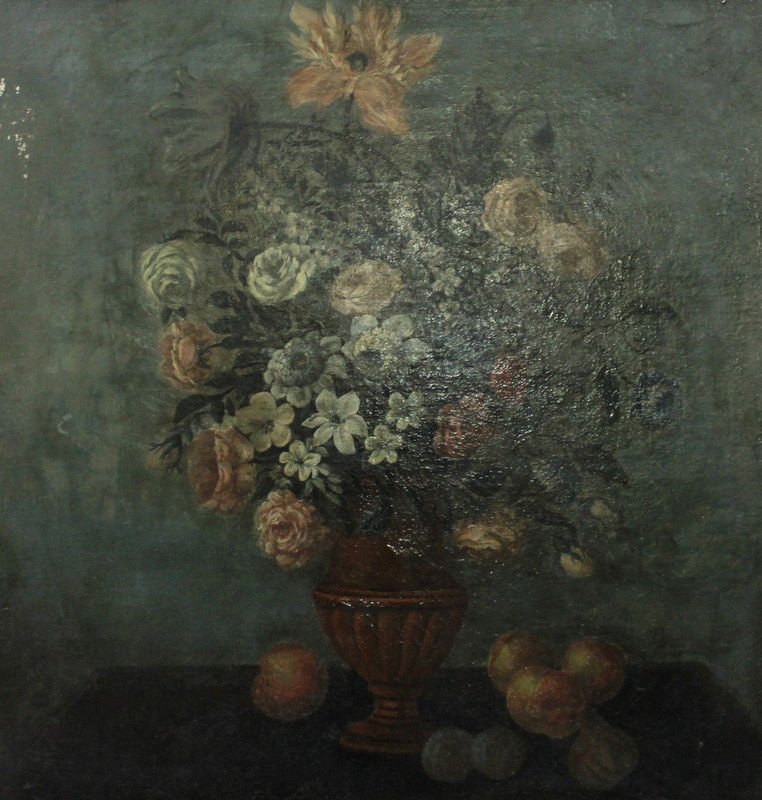 20th C. Continental School Still Life w/ Fruit: 20th C. Continental School Still Life w/ Fruit. Measures - 33" high x 32" wide + 2 1/2" frame.