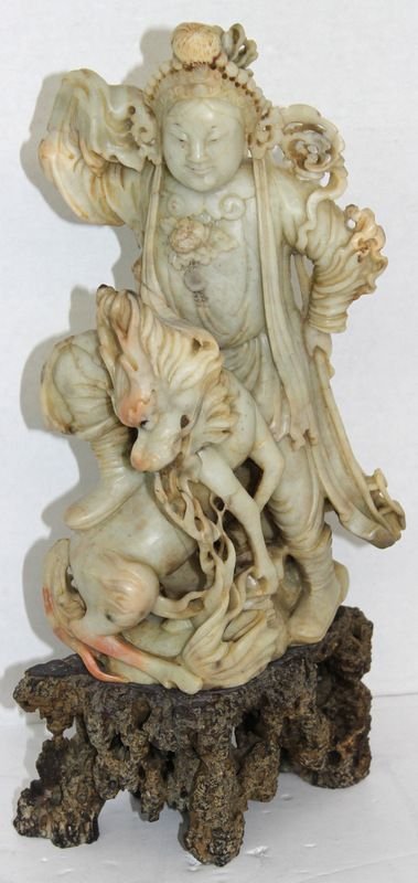 ANTIQUE CHINESE SOAPSTONE FIGURE: ANTIQUE CHINESE SOAPSTONE FIGURE. MEASURES 15"H X 7"W.