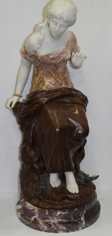 Auguste Moreau (French 1834-1917) Marble Figural: Auguste Moreau (French 1834-1917) Marble Figural Sculpture. Inscribed on marble base. Circa Late 19th C. Measures - 33" high x 13" wide.