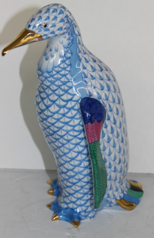 Herend 'Penguin' Fishnet Porcelain Figure: Herend 'Penguin' Fishnet Porcelain Figure. Measures - 6 3/4" high x 4" wide.