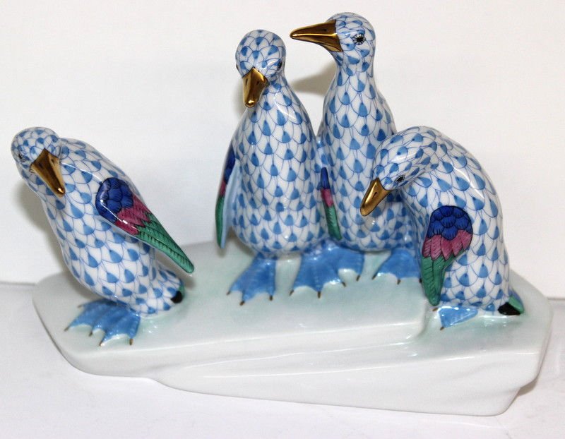 Herend 'Four Penguins' Fishnet Porcelain Group: Herend 'Four Penguins' Fishnet Porcelain Group. Measures - 4 3/4" high x 6 1/2" long.