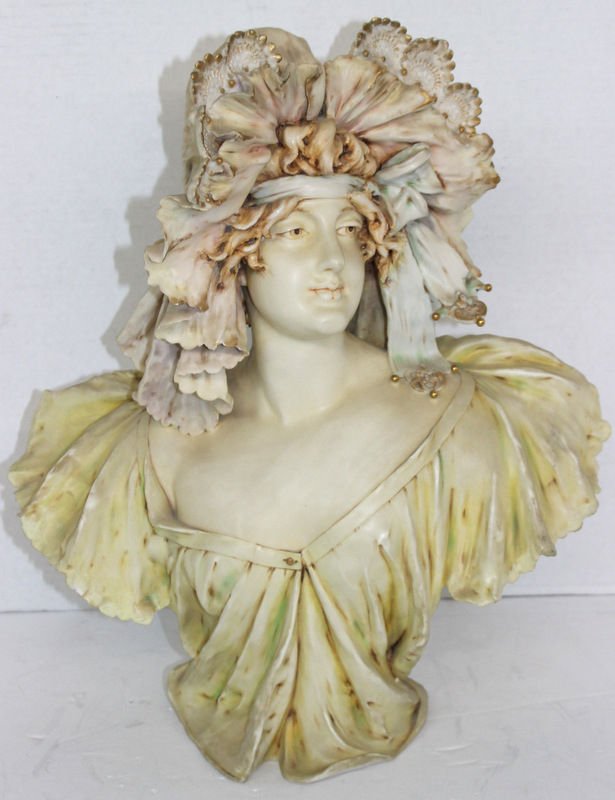 Eduard Stellmacher Amphora Bust: Eduard Stellmacher Amphora Bust. Elaborate portrait of a maiden with lacey garments. Measuring - 17"H X 14 1/2"W.